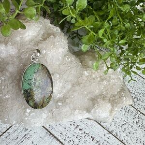 African Turquoise 925 Sterling Silver Plated Oval Pendant Blue Green Black